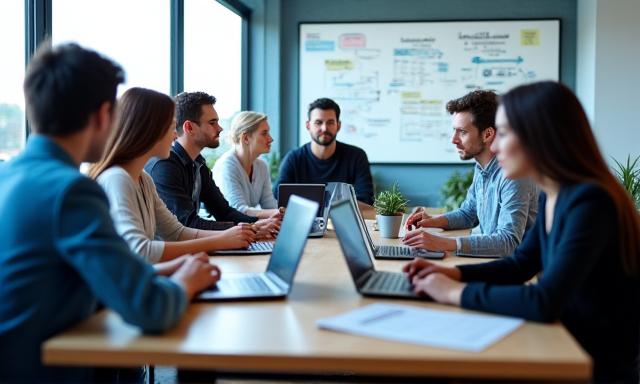A diverse group of developers and designers collaborating around a table, illustrating teamwork at NovaConnect Solutions.
